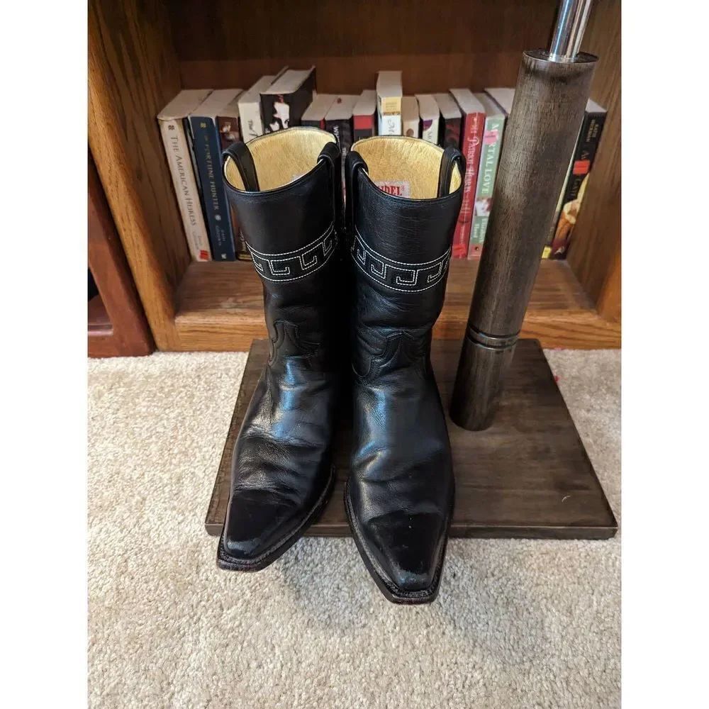 Rudel Rogers black pointed toe cowboy boots sz 8 EE white Aztec style stitching